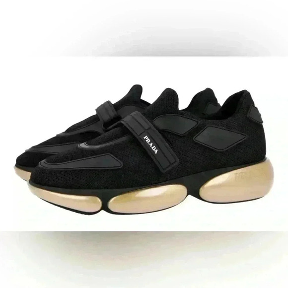Prada Mens Cloudbust Sneakers Size US 7 UK  37.5 Black Gold Nylon Strap Trainers - Picture 1 of 11